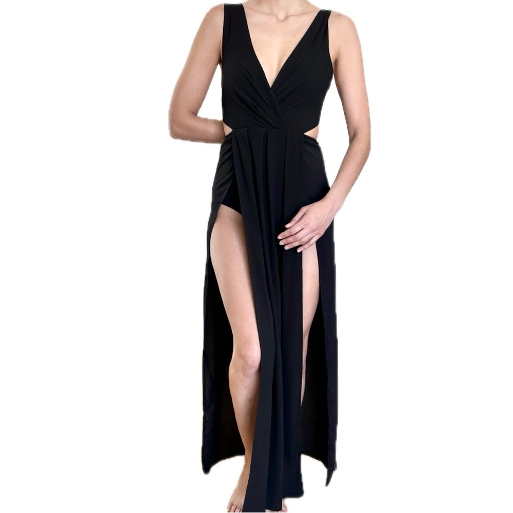 Black Cutout Maxi Jumpsuit with Deep V